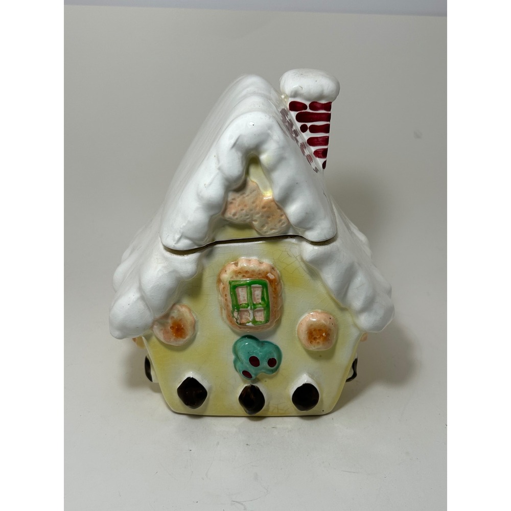 Vintage Japan Ceramic Snowy Cottage Cookie Jar Lidded Canister Hand Painted